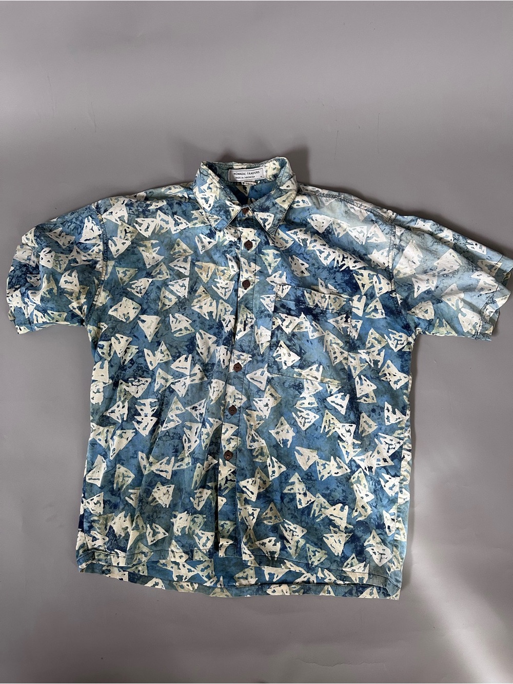 Vintage Batiked Nomadic Traders Blue & White Short-Sleeve Button-Down Shirt